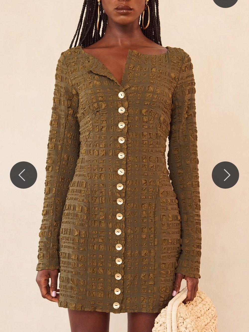 cult gaia Olive Textured Long-Sleeve Button Front Dress